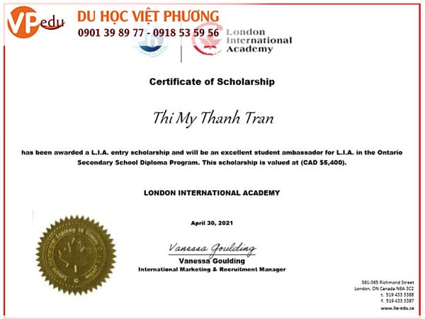 Học sinh Trần Thị Mỹ Thanh nhận học bổng Mb66 hiện đang mở được xếp hạng cao nhất Canada tại trường London International Academy