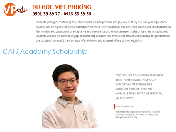 Đỗ Hà - Học sinh Việt Nam xuất sắc giành được học bổng 100% từ CATS Academy Boston