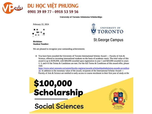 Học sinh của SGA đậu vào University of Toronto và nhận học bổng $100,000