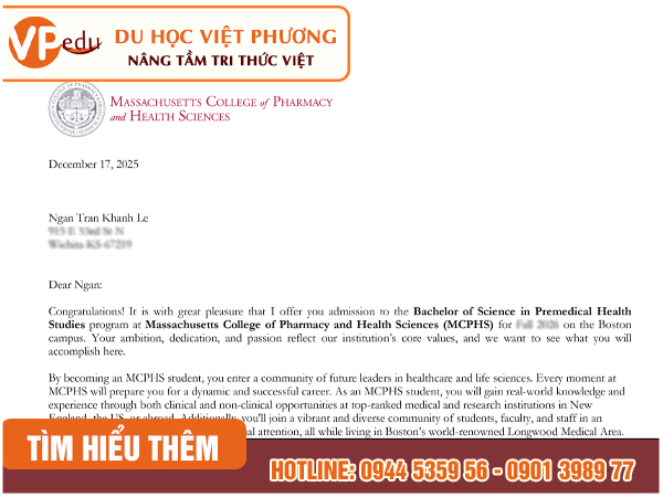 Offer nhập học trường MCPHS của học sinh team Mocbailinkk.com
